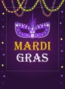 Mardi Gras carnival. Greeting card with ballons and mask. Masquerade party. Carnaval background for poster, postcard, party invita